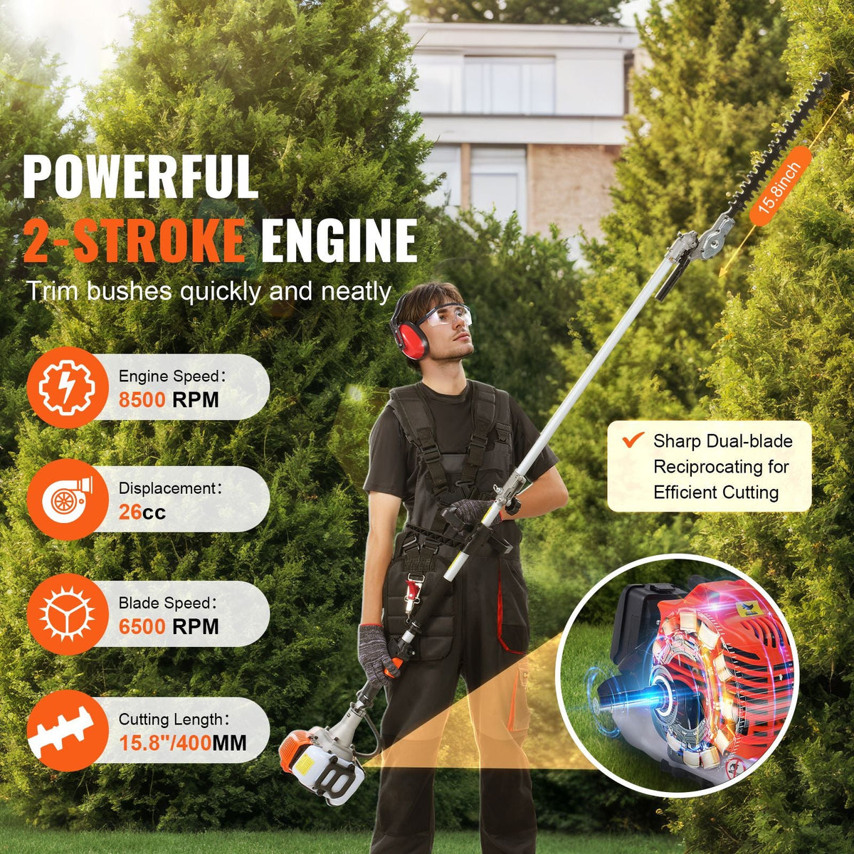 15.7-inch 26CC 2 Cycle Gas Hedge Trimmer, Gas Powered Pole Hedge Trimmer with Dual Sided Dual Action Blade, 270° Adjustable Trimmer Head, Suitable for Trimming Shrubs, Bushes