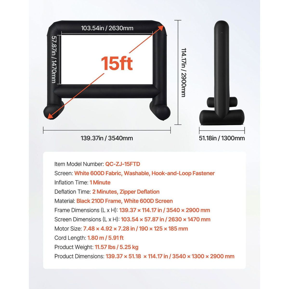 15FT Inflatable Movie Screen, Inflatable Projector Screen with Portable Storage Bag, 16:9 Easy Set Up Movie Projection for Outdoor Backyard, Home Theater, Theme Party