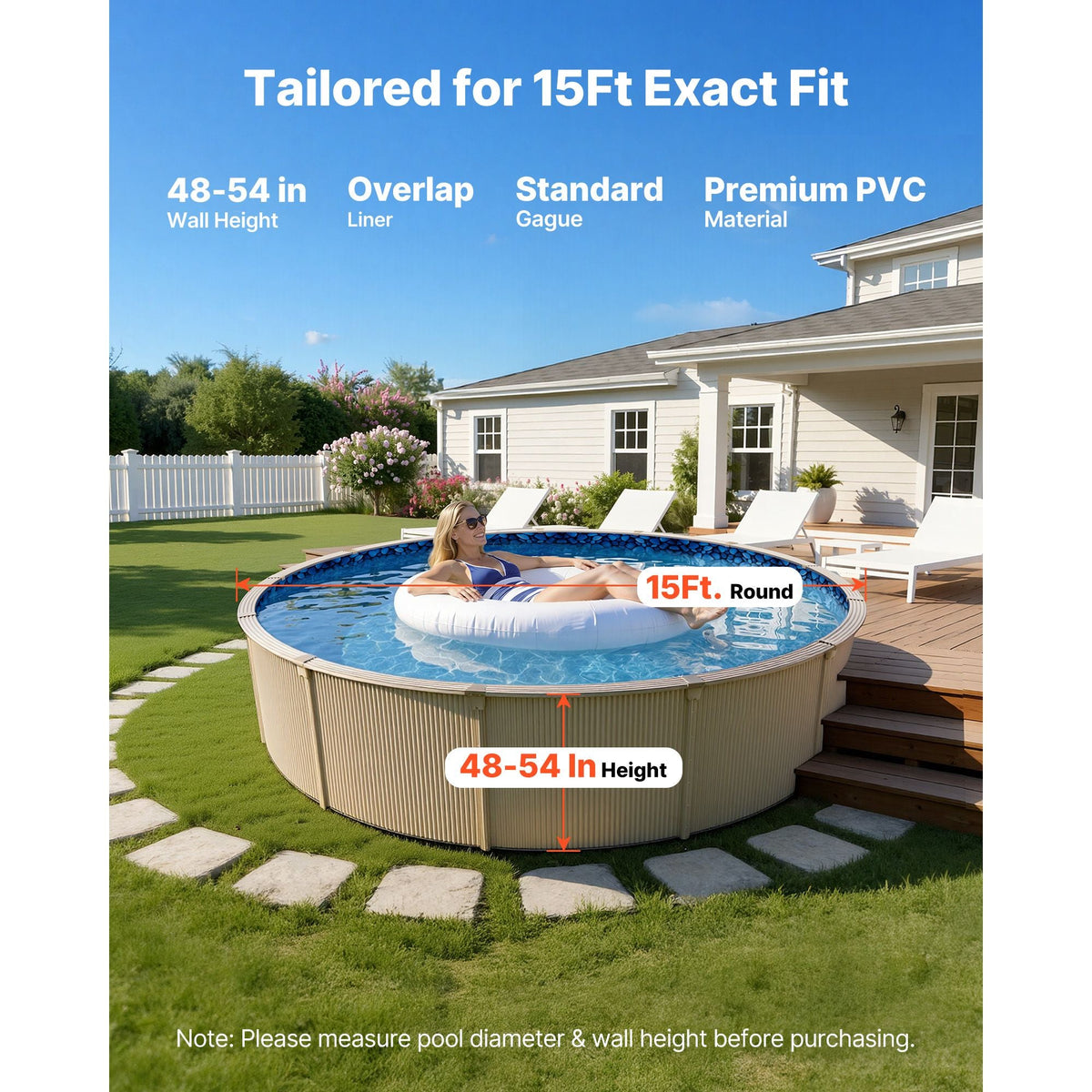 15ft Pool Liner, Round Overlap Swimming Pool Liner for 54 in Wall Height, Premium Vinyl, Easy Install with Leak-Proof Patches, Designed for Steel Sided Above-Ground,Outdoor, Boulder Swirl