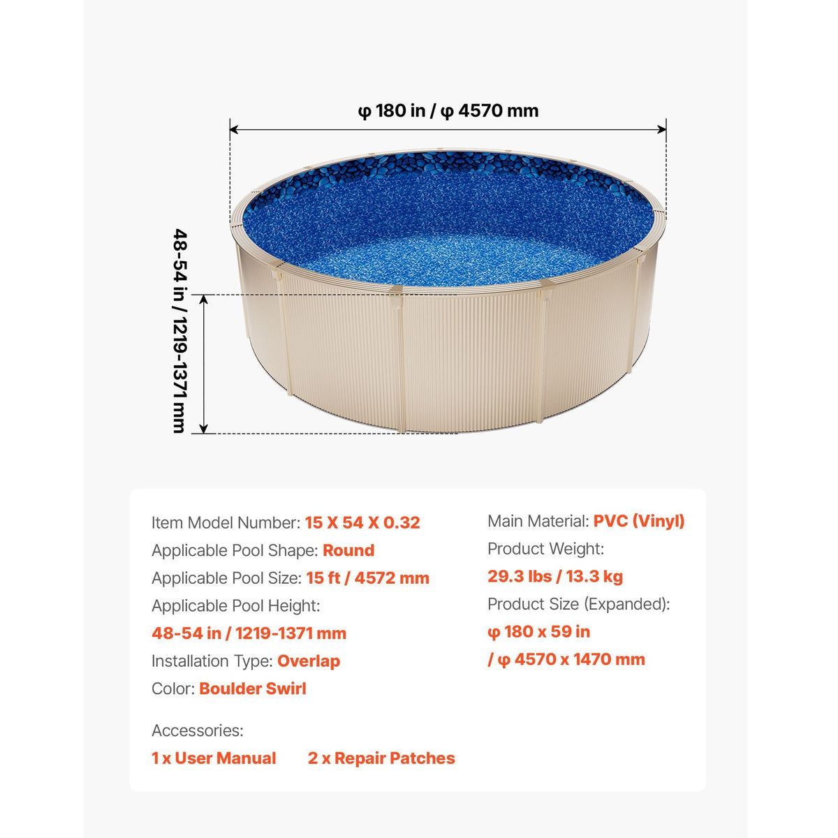 15ft Pool Liner, Round Overlap Swimming Pool Liner for 54 in Wall Height, Premium Vinyl, Easy Install with Leak-Proof Patches, Designed for Steel Sided Above-Ground,Outdoor, Boulder Swirl