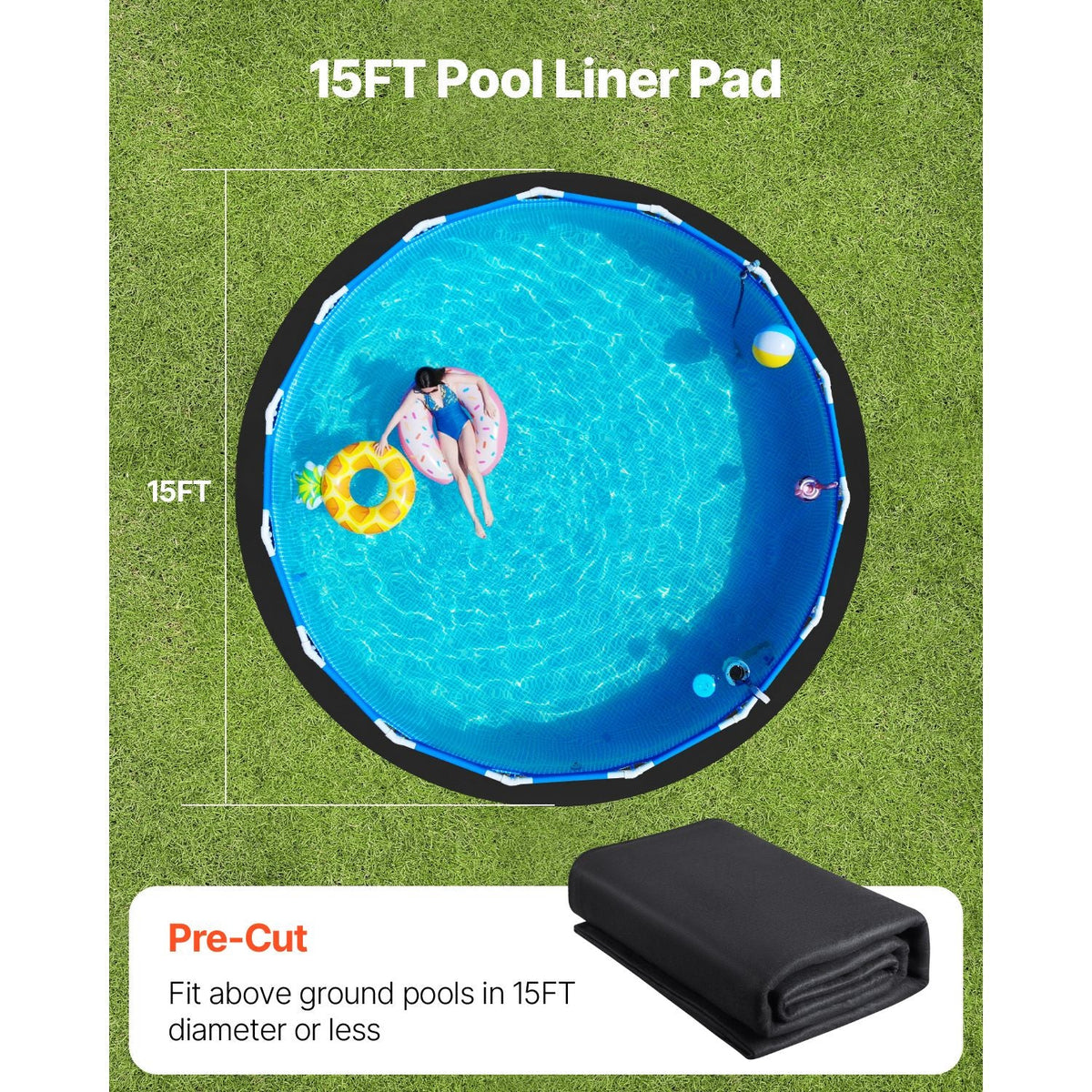15ft Round Pool Liner Pad, Pool Liner Pad for Above Ground Swimming Pools, Extra-Thick Pool Mat, Prevents Punctures, Recycled Geotextile Material Underlayment Pad, Extend Liner Life