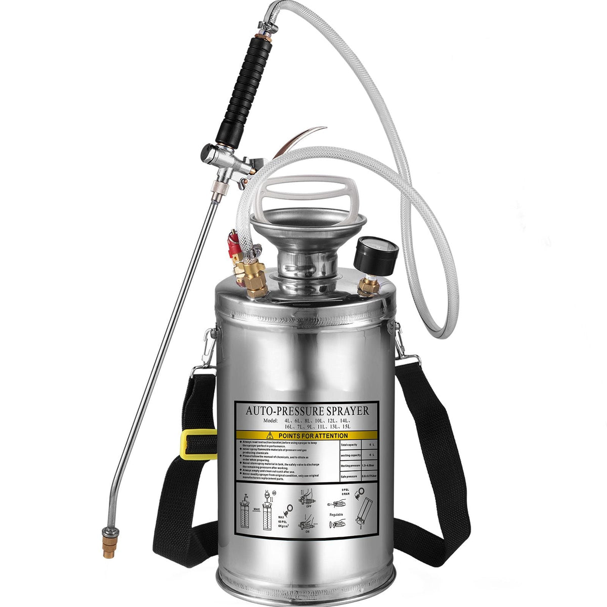 1.5Gal Stainless Steel Sprayer, Set with 16\" Wand& Handle& 3.3FT Reinforced Hose, Hand Pump Sprayer with Pressure Gauge&Safety Valve, Adjustable Nozzle Suitable for Gardening& Sanitizing