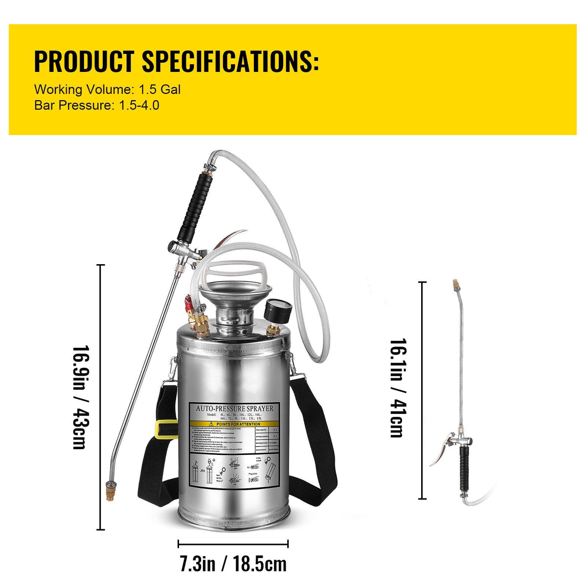 1.5Gal Stainless Steel Sprayer, Set with 16\" Wand& Handle& 3.3FT Reinforced Hose, Hand Pump Sprayer with Pressure Gauge&Safety Valve, Adjustable Nozzle Suitable for Gardening& Sanitizing