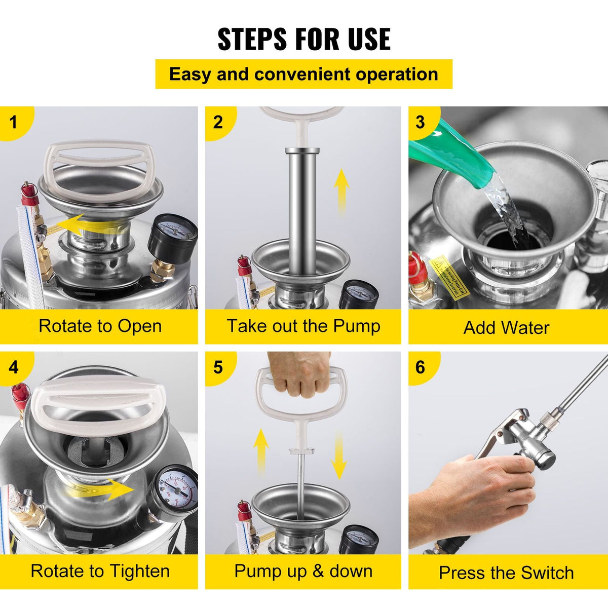 1.5Gal Stainless Steel Sprayer, Set with 16\" Wand& Handle& 3.3FT Reinforced Hose, Hand Pump Sprayer with Pressure Gauge&Safety Valve, Adjustable Nozzle Suitable for Gardening& Sanitizing