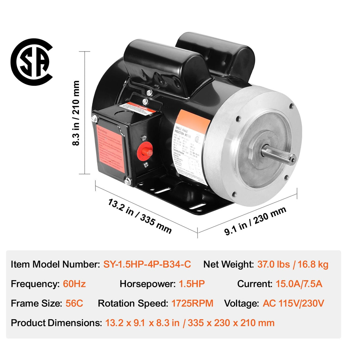 1.5HP Electric Motor 1725 rpm, AC 115V/230V, 56C Frame, Air Compressor Motor Single Phase, 5/8" Keyed Shaft, CW/CCW Rotation for Agricultural Machinery and General Equipment