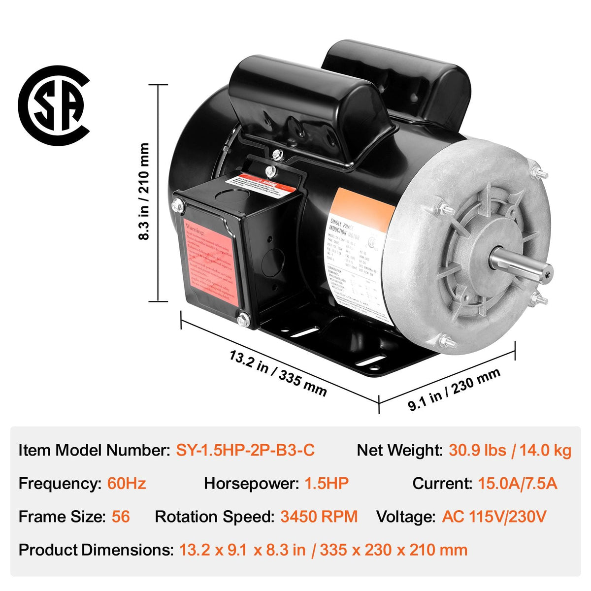 1.5HP Electric Motor 3450 rpm, AC 115V/230V, 56 Frame, Air Compressor Motor Single Phase, 5/8" Keyed Shaft, CW/CCW Rotation for Agricultural Machinery and General Equipment