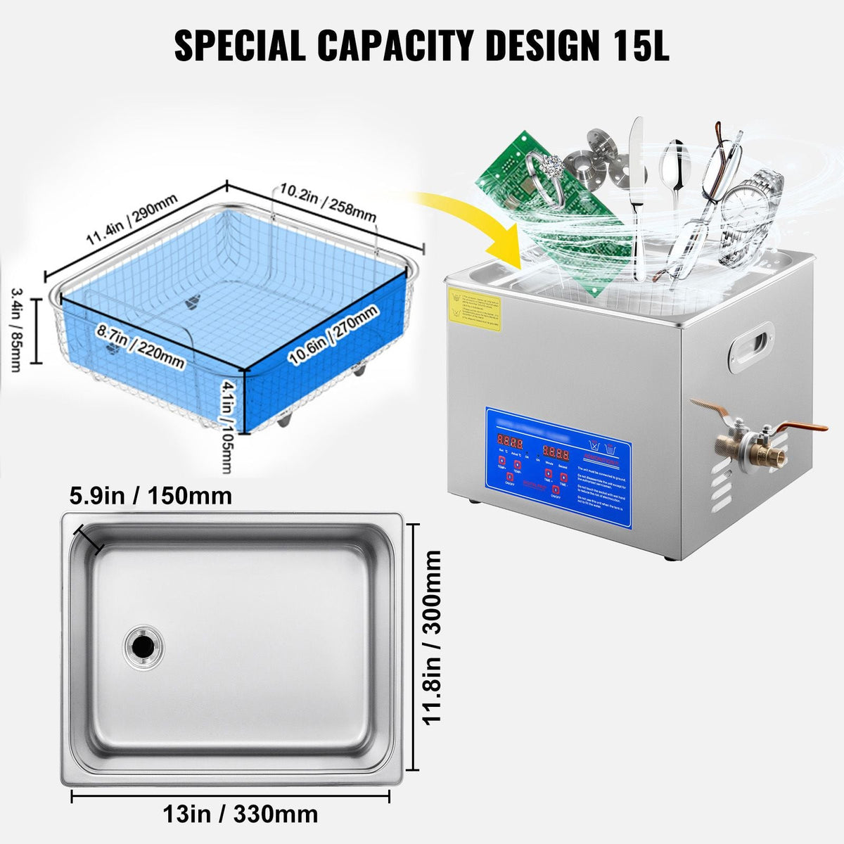15L Ultrasonic Cleaner with Digital Timer&Heater Professional Ultrasonic Cleaner 40kHz Advanced Ultrasonic Cleaner 110V for Wrench Screwdriver Repairing Tools Industrial Parts Mental Cleaning