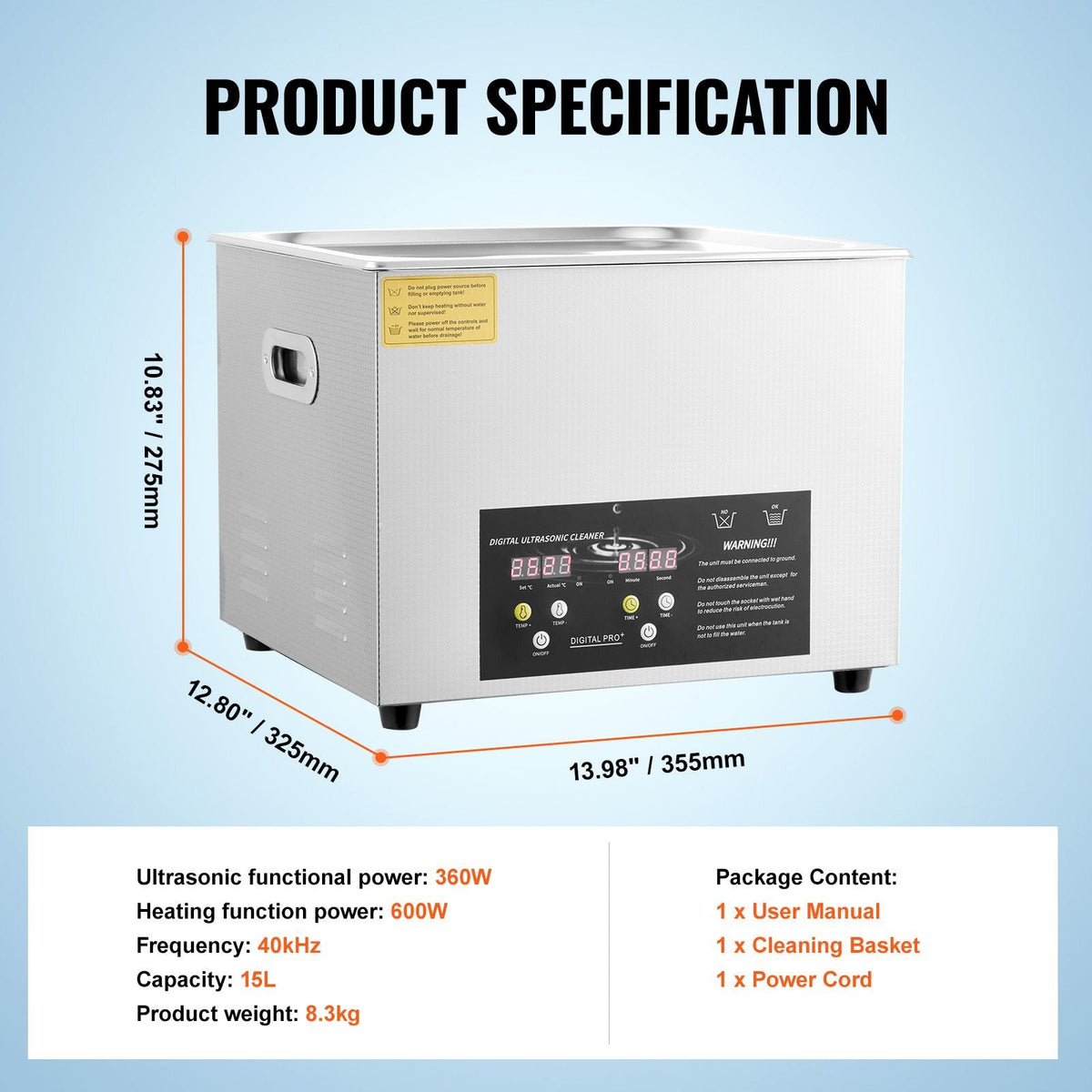 15L Upgraded Ultrasonic Cleaner (600W Heater,360W Ultrasonic) Professional Digital Lab Ultrasonic Parts Cleaner with Heater Timer for Glass Dental Instruments Cleaning