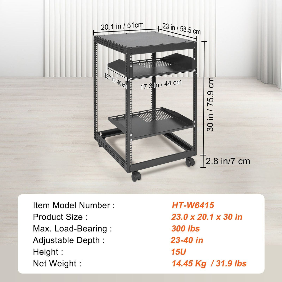 15U Open Frame Server Rack, 23-40 in Adjustable Depth, Free Standing or Wall Mount Network Server Rack, 4 Post AV Rack with Casters, Holds All Your Networking IT Equipment AV Gear Router Modem