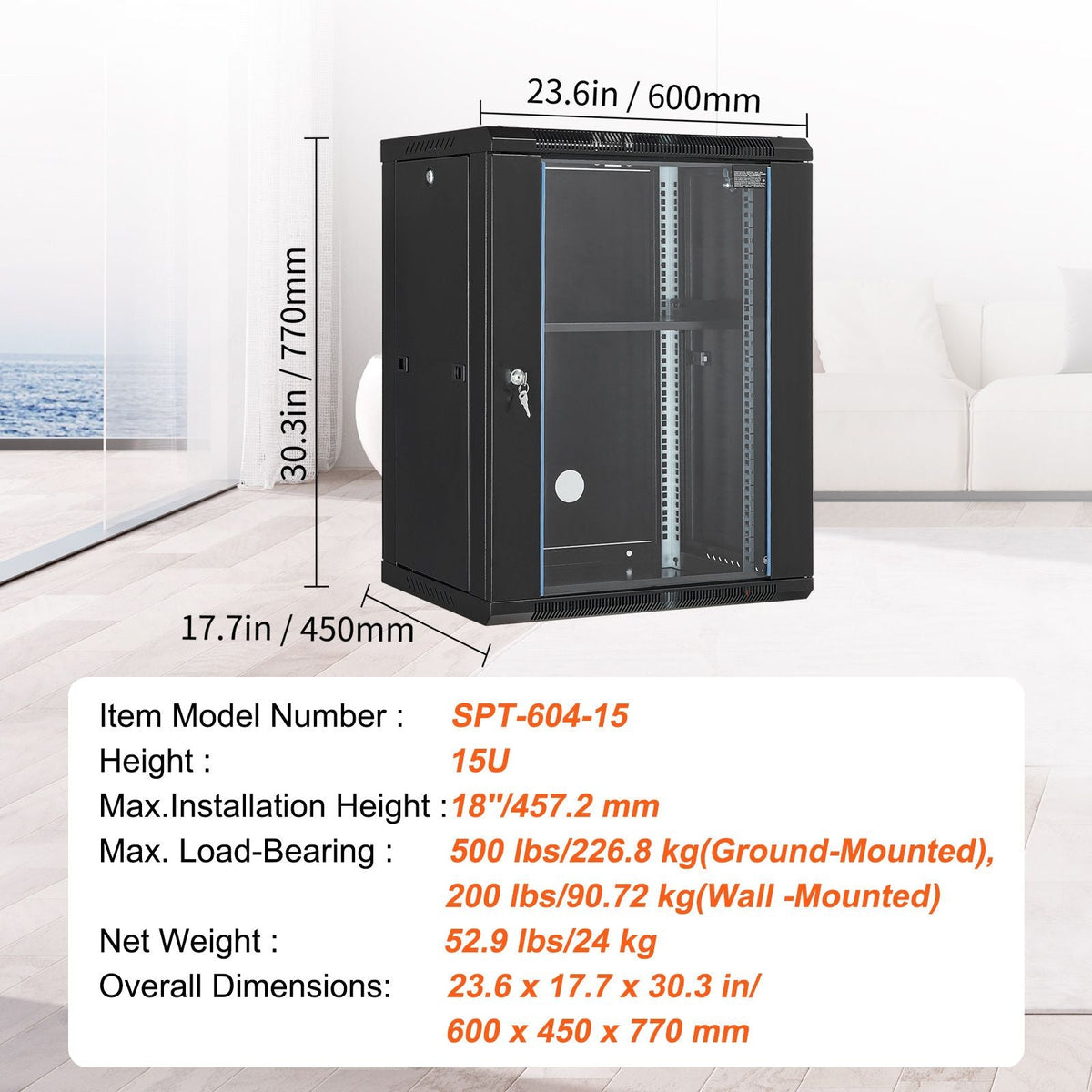 15U Wall Mount Network Cabinet, 500 lbs Max. Ground Load Capacity, Server Rack Cabinet Enclosure with Locking Tempered Glass Door, Side Panels, Q235 Carbon Steel, for IT Equipment, A/V Devices