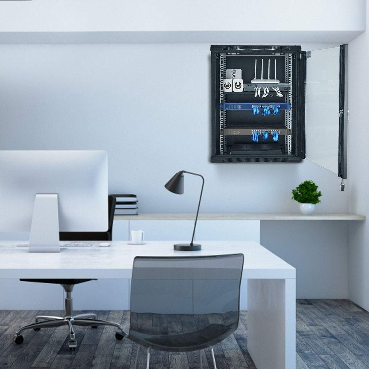 15U Wall Mount Network Cabinet, 500 lbs Max. Ground Load Capacity, Server Rack Cabinet Enclosure with Locking Tempered Glass Door, Side Panels, Q235 Carbon Steel, for IT Equipment, A/V Devices