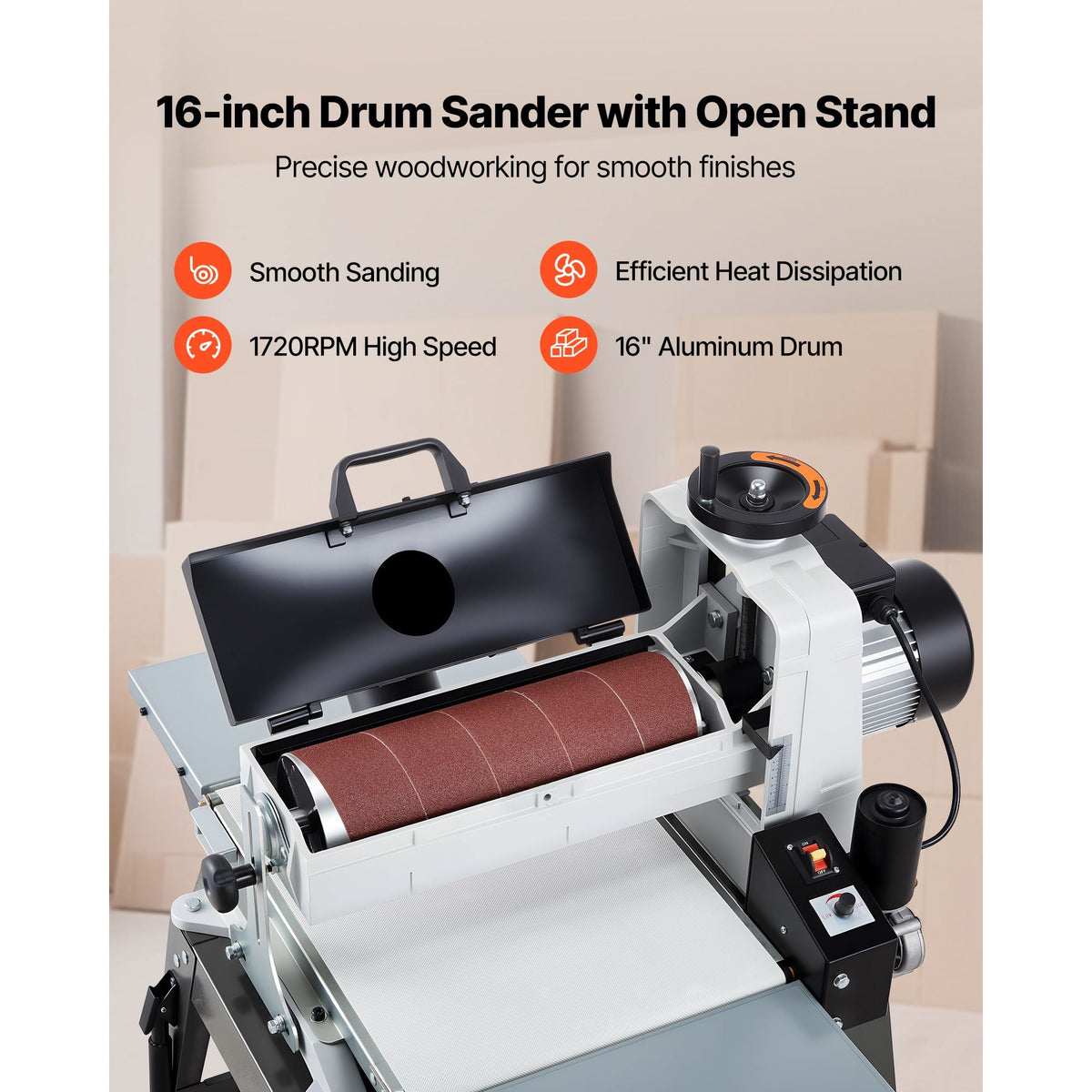 16" Drum Sander with Stand & Extension Tables, 1.5HP 1720RPM Dual Motor Drum Sander for Woodworking - Variable Speed Conveyor Belt, 4" Dust Collection Port for Cabinet & Furniture Finishing