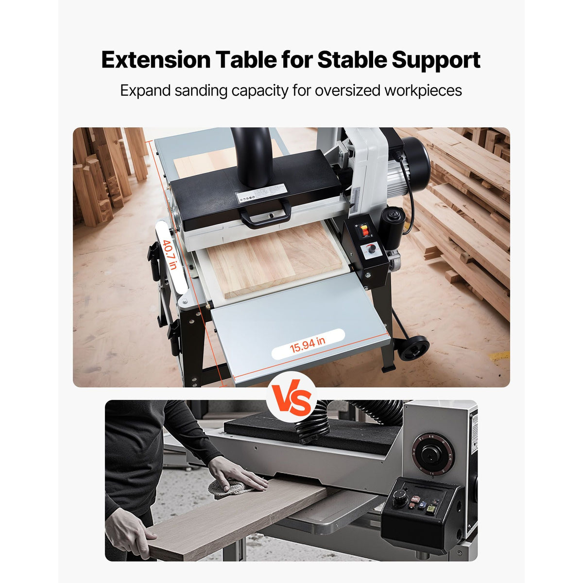 16" Drum Sander with Stand & Extension Tables, 1.5HP 1720RPM Dual Motor Drum Sander for Woodworking - Variable Speed Conveyor Belt, 4" Dust Collection Port for Cabinet & Furniture Finishing