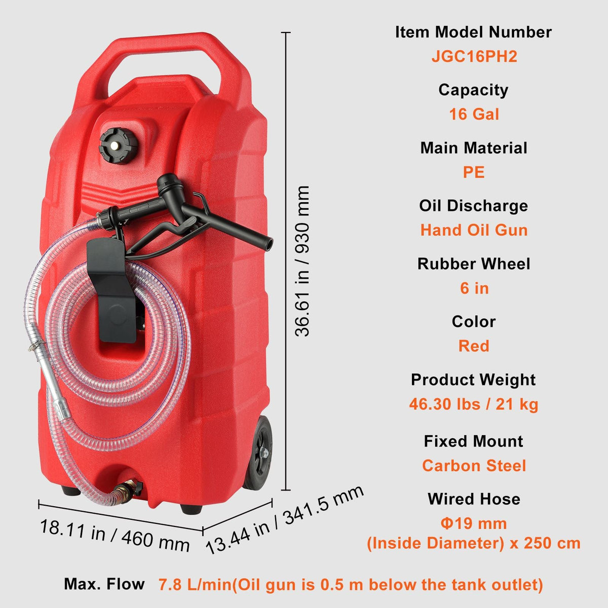 16 Gallon Fuel Caddy, 7.8 L/min, Portable Gas Storage Tank Container with Rubber Wheels, Gravity-flow Mode, Fuel Transfer Storage Tank for Gasoline Diesel Machine Oil Car Mowers Boat Motorcycle