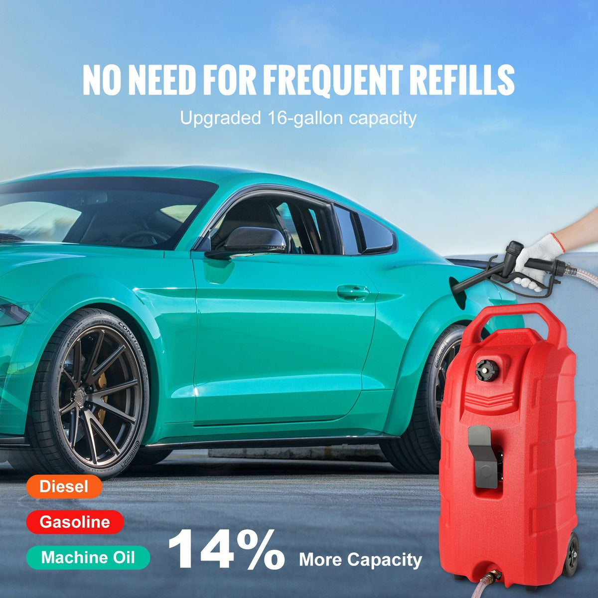 16 Gallon Fuel Caddy, 7.8 L/min, Portable Gas Storage Tank Container with Rubber Wheels, Gravity-flow Mode, Fuel Transfer Storage Tank for Gasoline Diesel Machine Oil Car Mowers Boat Motorcycle