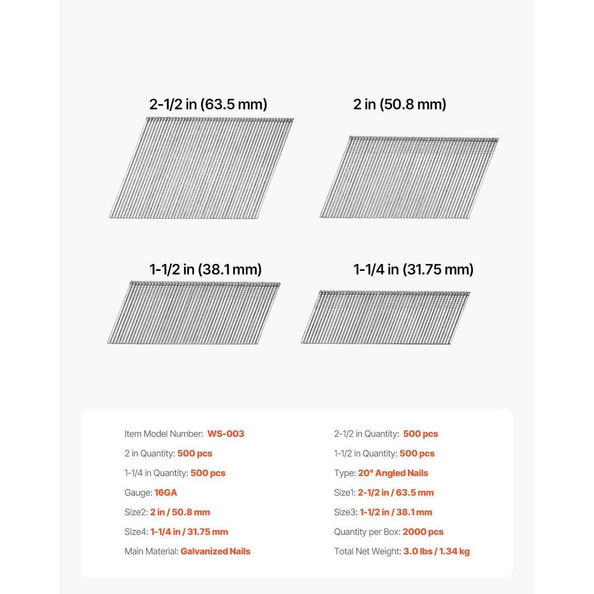 16 Gauge Finish Nails, 20-Degree Angled Finishing Nails, 2000-Count (2-1/2 in, 2 in, 1-1/2 in, 1-1/4 in, 500 Per Size) Finishing Nail, Galvanized Brad Nail, for 16GA 20° Angled Finish Nailers
