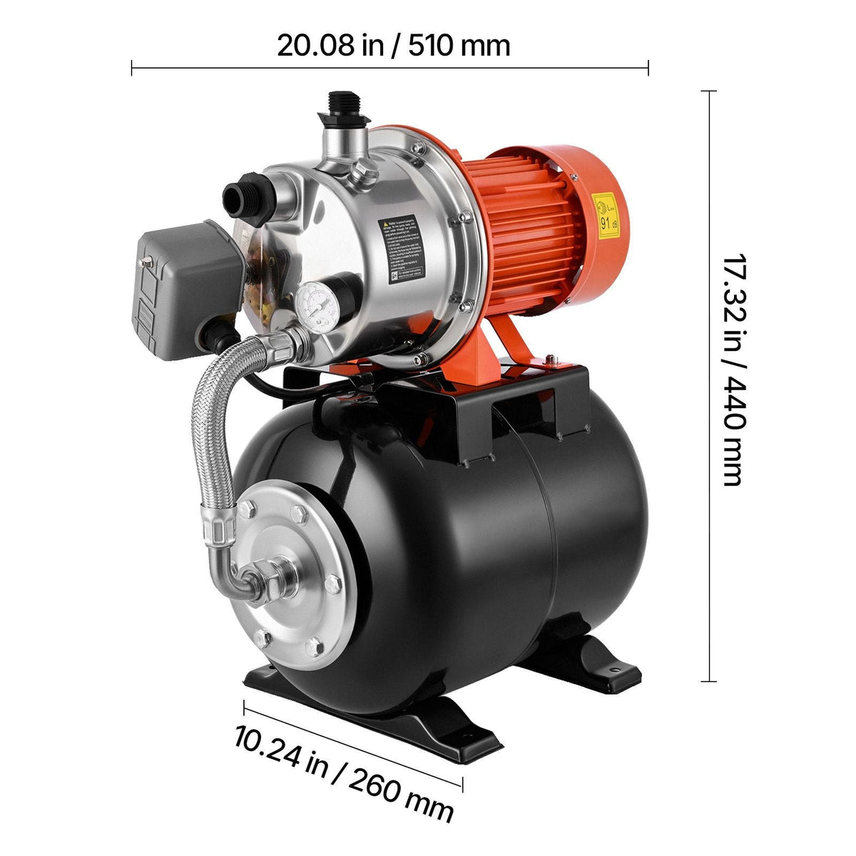 1.6 HP Shallow Well Pump with Pressure Tank, 120V 1320 GPH, Stainless Steel Irrigation Jet Pump with 5-Gal Tank, Automatic Water Booster System, 20/40 PSI Pressure Switch, for Home Garden Lawn