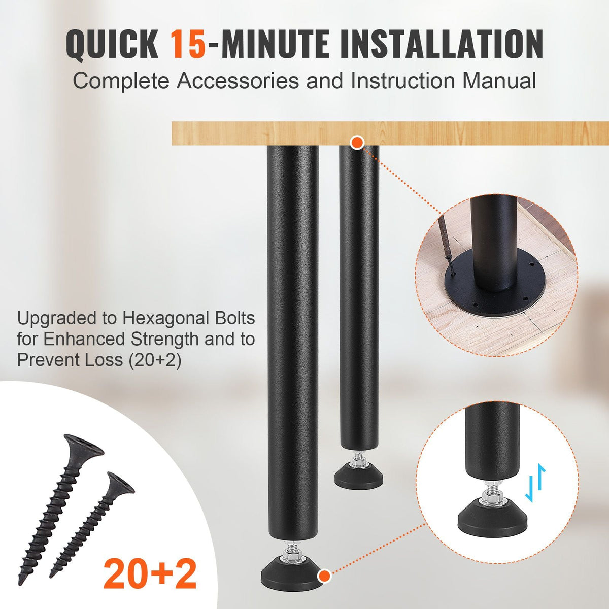 16 Inch Adjustable Desk Legs, Reinforced Steel Office Table Furniture legs Set of 4 for DIY, 1200 lbs Load Capacity Heavy Duty Desk Legs, Quick Instalation Legs with Adjustable Foot Cup Black