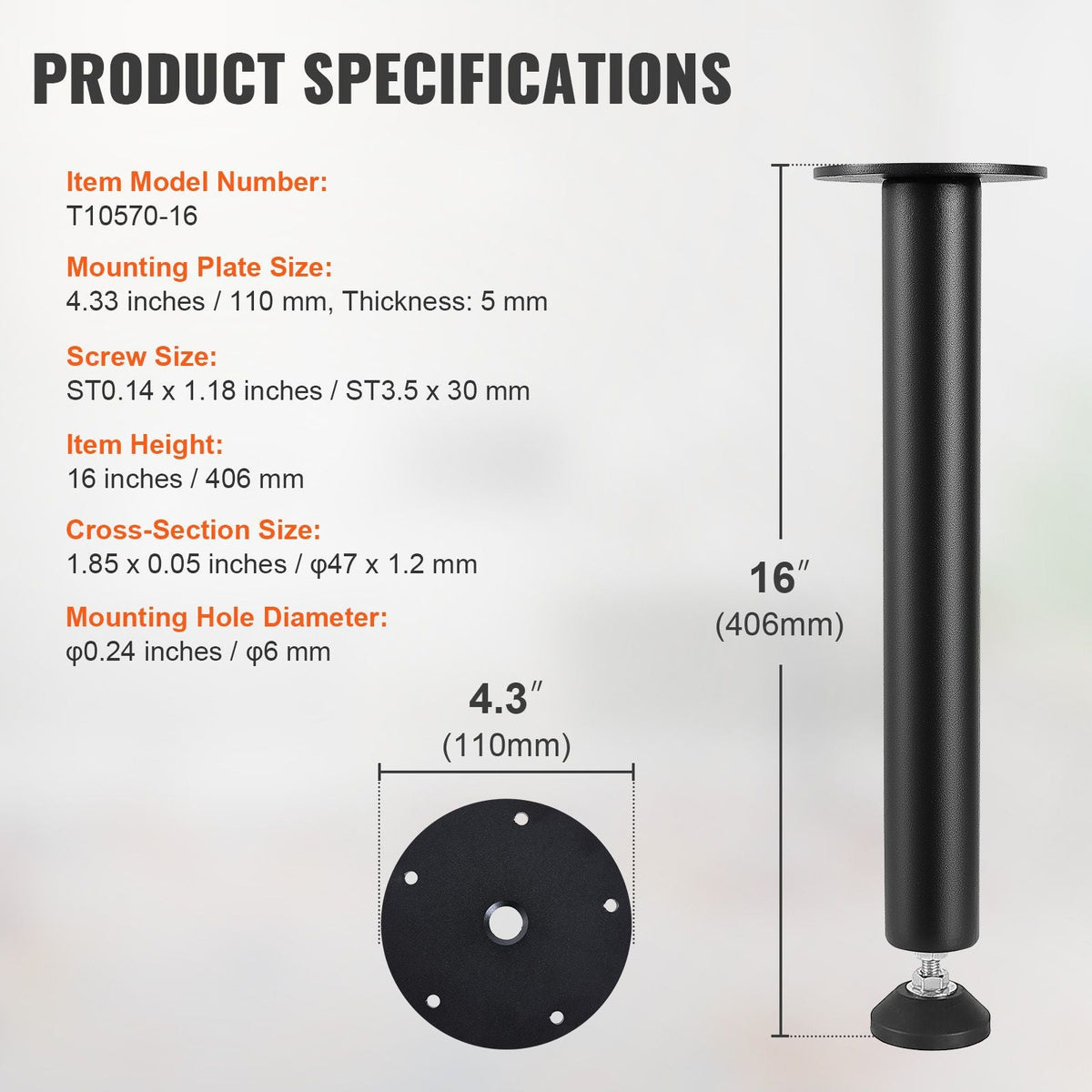 16 Inch Adjustable Desk Legs, Reinforced Steel Office Table Furniture legs Set of 4 for DIY, 1200 lbs Load Capacity Heavy Duty Desk Legs, Quick Instalation Legs with Adjustable Foot Cup Black