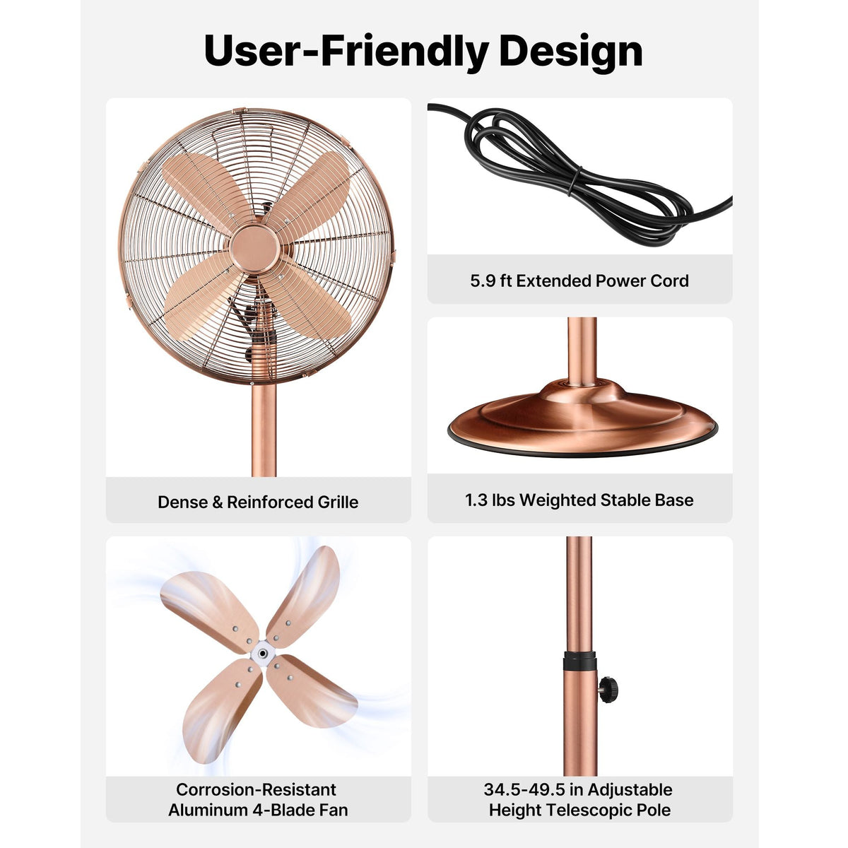 16-Inch High Velocity Pedestal Fan, 1450 CFM Industrial Standing Floor Fan with Handle, 75° Oscillating, 3-Speed Adjustable Height, Metal Made for Commercial, Garage, Workshop, Home, Copper