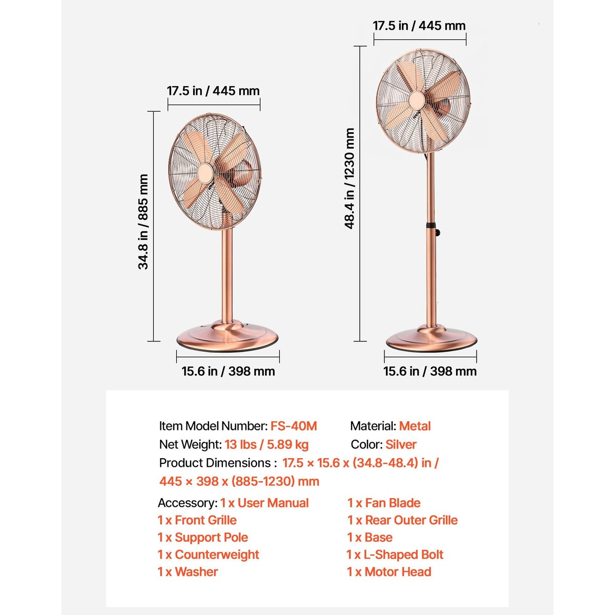 16-Inch High Velocity Pedestal Fan, 1450 CFM Industrial Standing Floor Fan with Handle, 75° Oscillating, 3-Speed Adjustable Height, Metal Made for Commercial, Garage, Workshop, Home, Copper