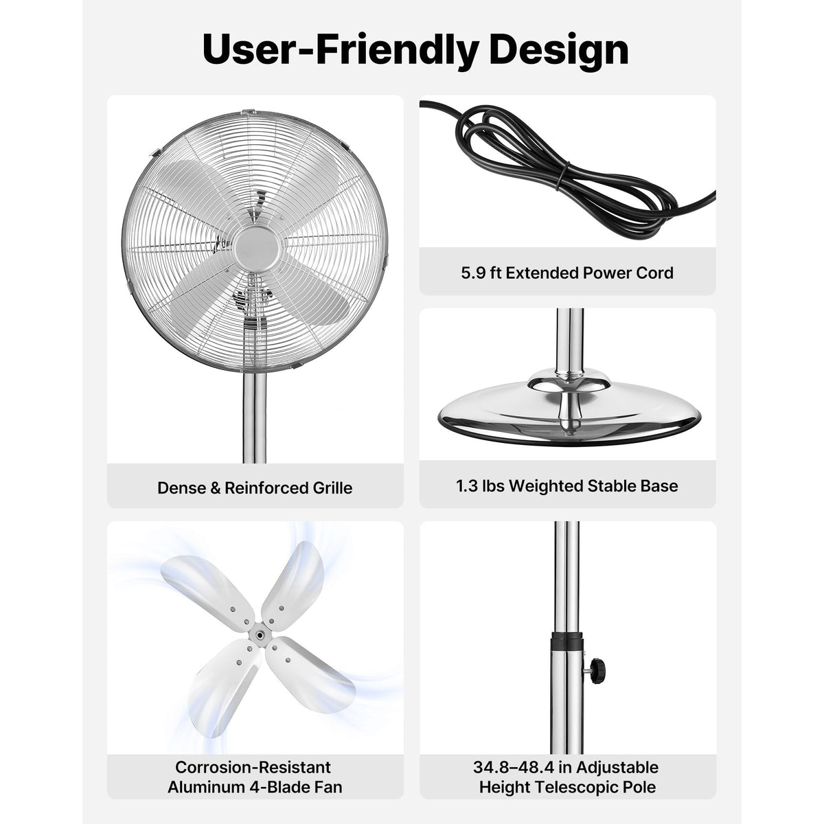 16-Inch High Velocity Pedestal Fan, 1450 CFM Industrial Standing Floor Fan with Handle, 75° Oscillating, 3-Speed Adjustable Height, Metal Made for Commercial, Garage, Workshop, Home, Silver