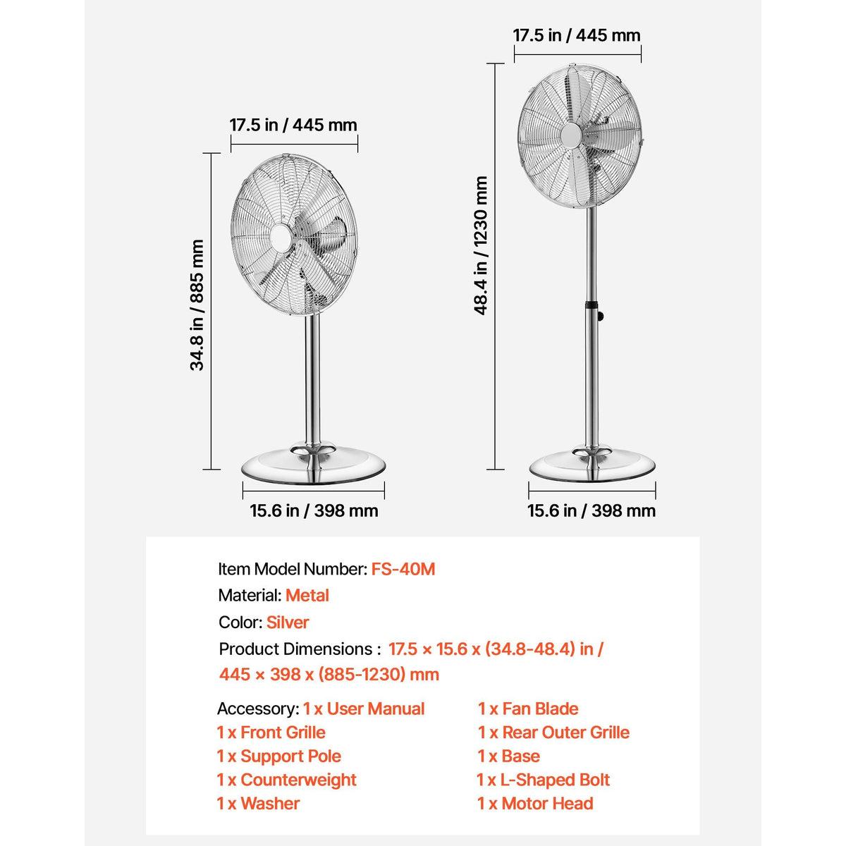 16-Inch High Velocity Pedestal Fan, 1450 CFM Industrial Standing Floor Fan with Handle, 75° Oscillating, 3-Speed Adjustable Height, Metal Made for Commercial, Garage, Workshop, Home, Silver