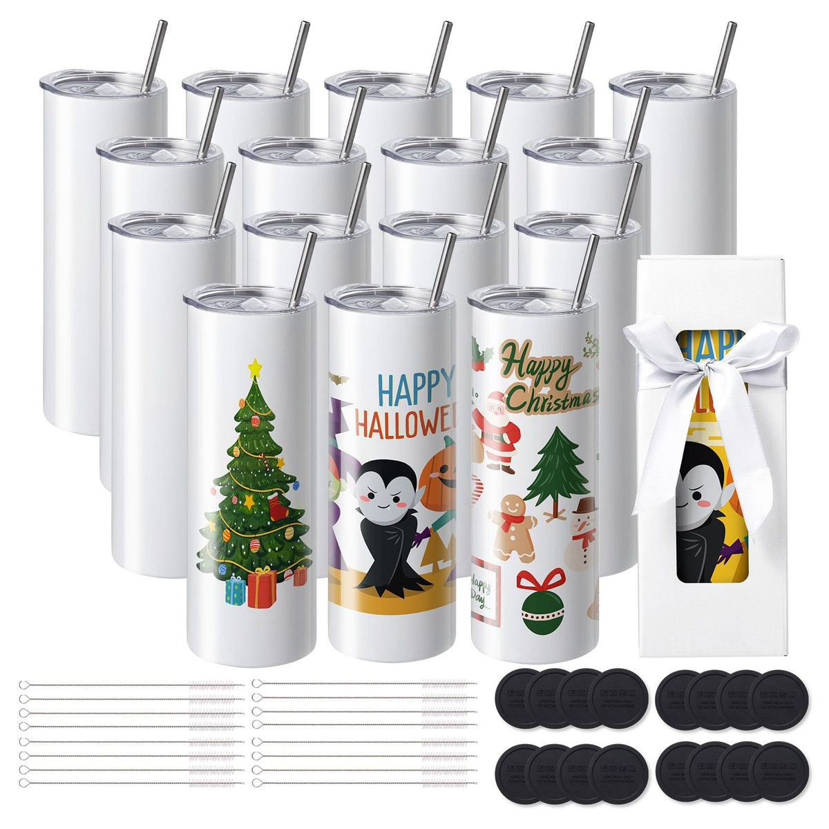 16 Pack Sublimation Tumblers 20oz Skinny Straight, Stainless Steel Sublimation Tumblers Blank, Stainless Steel Double Wall Tumbler for Heat Transfer Customized Gifts with Lid and Straw, Gift Box