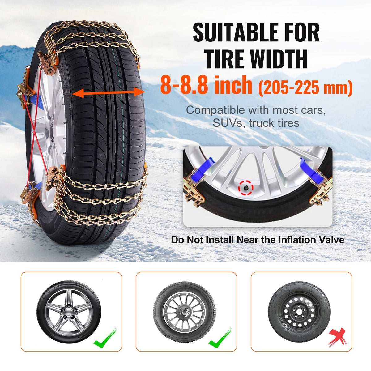 16 PCS Thickened Snow Chains, Tire Traction Wheel Chains for Tire Width 8-8.8 in /205-225 mm, Manganese Alloy Steel Emergency Tire Chains for Cars, Pickups, SUVs, and Trucks