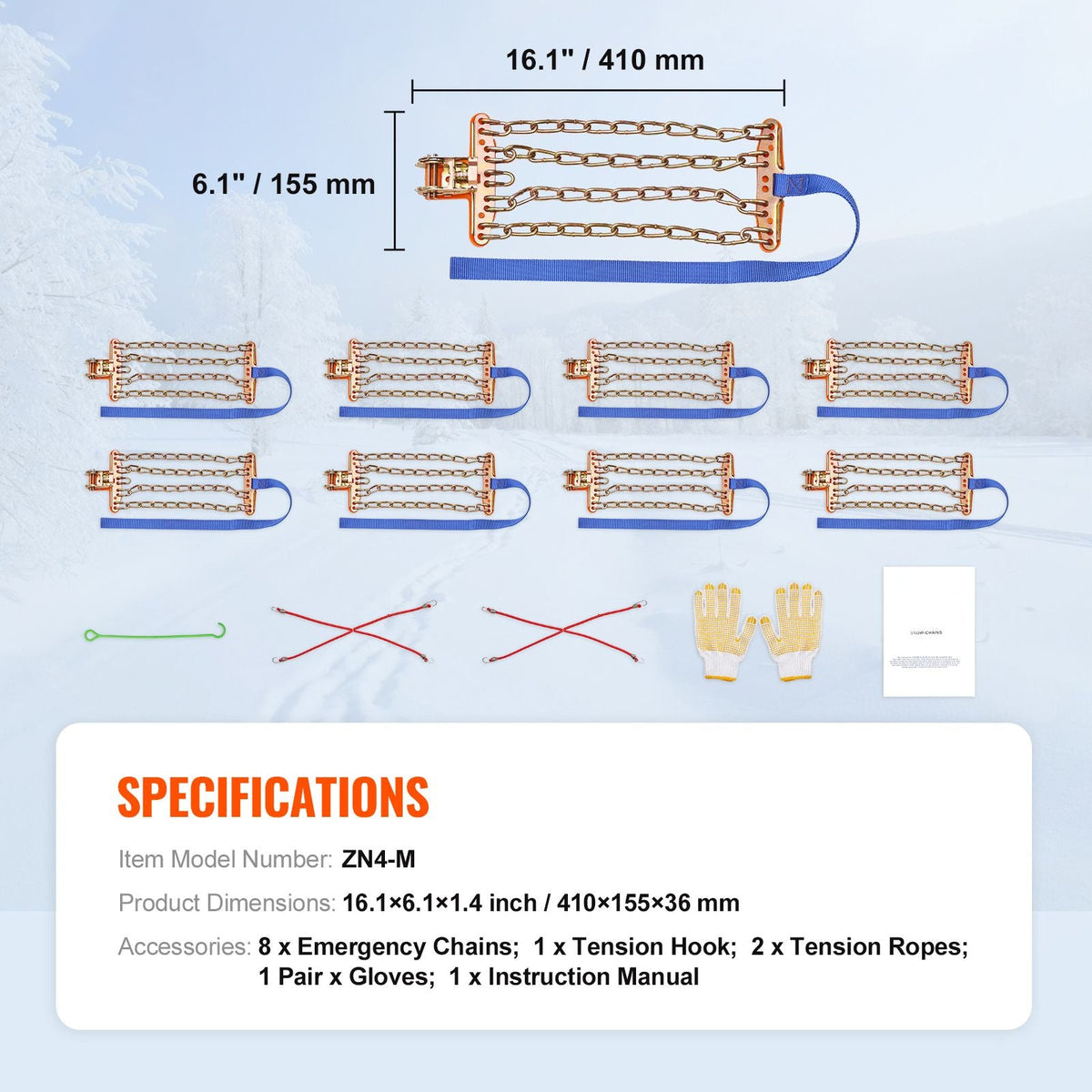 16 PCS Thickened Snow Chains, Tire Traction Wheel Chains for Tire Width 8-8.8 in /205-225 mm, Manganese Alloy Steel Emergency Tire Chains for Cars, Pickups, SUVs, and Trucks