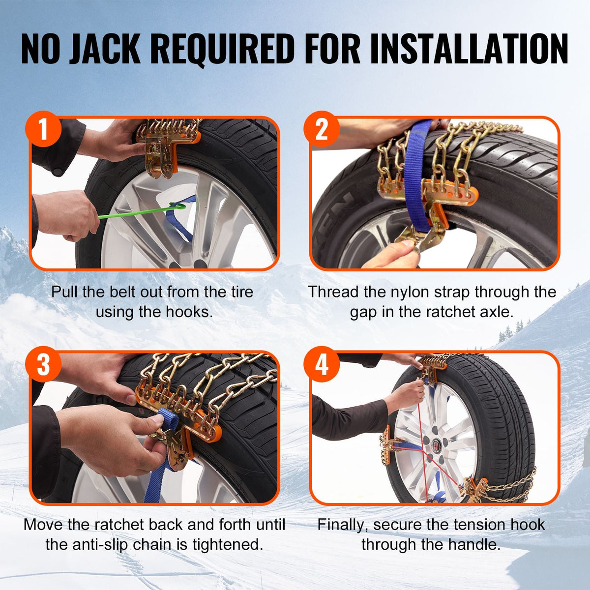 16 PCS Thickened Snow Chains, Tire Traction Wheel Chains for Tire Width 8-8.8 in /205-225 mm, Manganese Alloy Steel Emergency Tire Chains for Cars, Pickups, SUVs, and Trucks