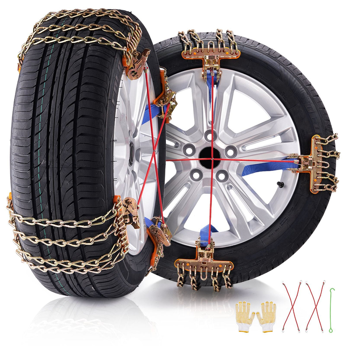 16 PCS Thickened Snow Chains, Tire Traction Wheel Chains for Tire Width 8-8.8 in /205-225 mm, Manganese Alloy Steel Emergency Tire Chains for Cars, Pickups, SUVs, and Trucks