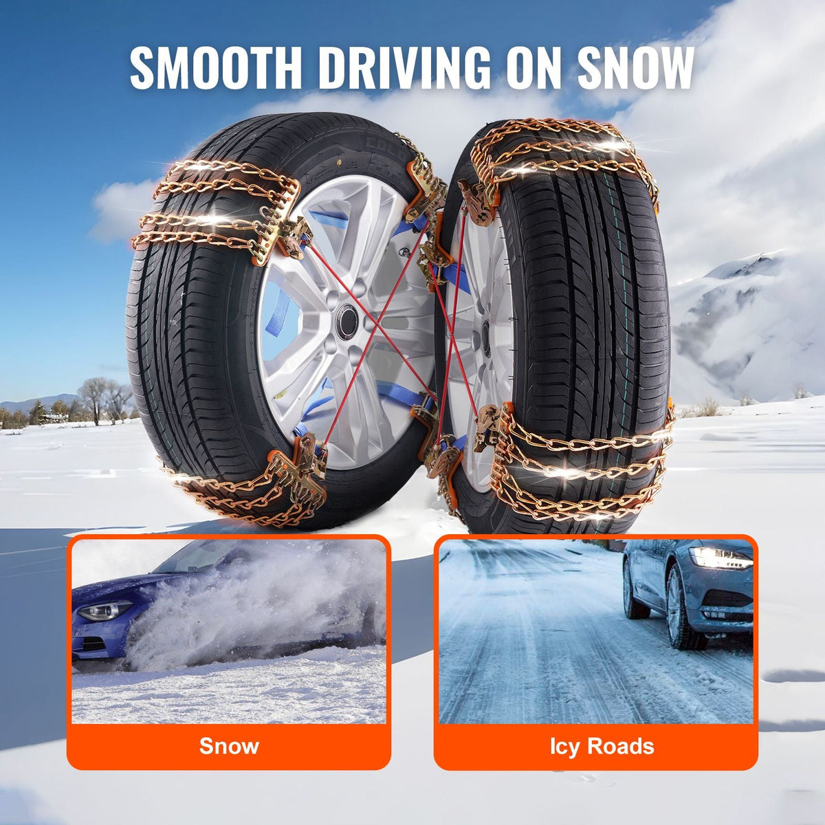 16 PCS Thickened Snow Chains, Tire Traction Wheel Chains for Tire Width 8-8.8 in /205-225 mm, Manganese Alloy Steel Emergency Tire Chains for Cars, Pickups, SUVs, and Trucks