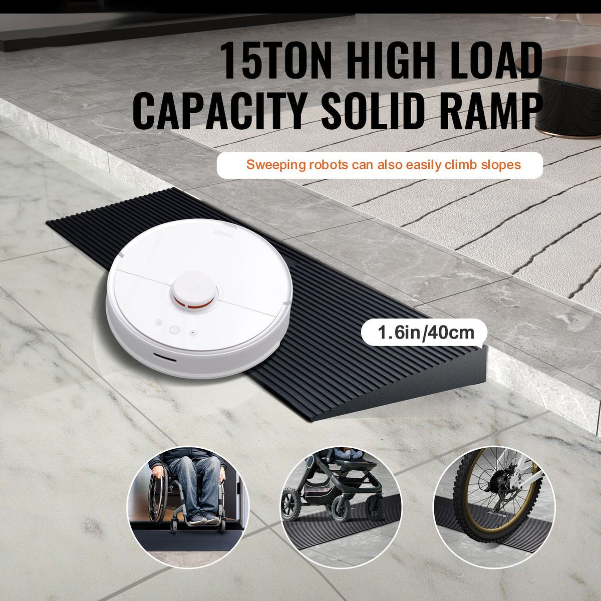 1.6" Rise Cuttable Threshold Ramp for Sweeping Robot, 35.4" Wide Natural Rubber Wheelchair Ramp, Non-Slip Solid Rubber Ramp with Double-Sided Tape for Doorways, Driveways, Bathroom, Smooth Tile