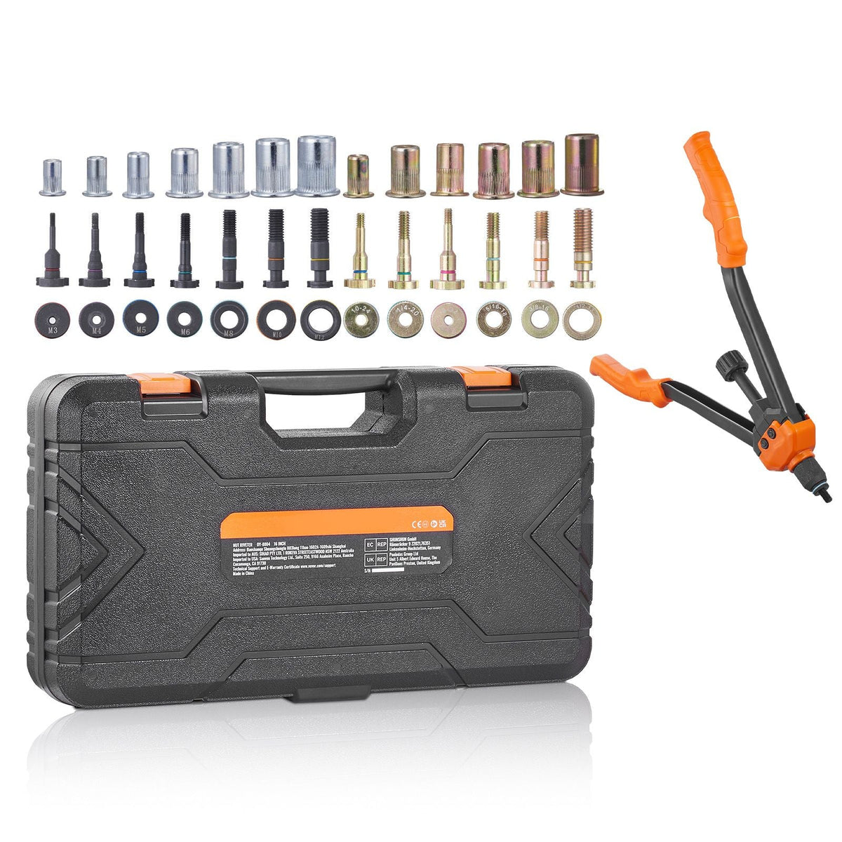 16" Rivet Nut Tool, Labor-Saving Rivnut Tool Kit with 13PCS Metric & SAE Mandrels, 186PCS Rivet Nuts,M3, M4, M5, M6, M8, M10, M12, 1/4-20, 5/16-18, 3/8-16,1/2-13, 8-32, 10-24 With Carrying Case
