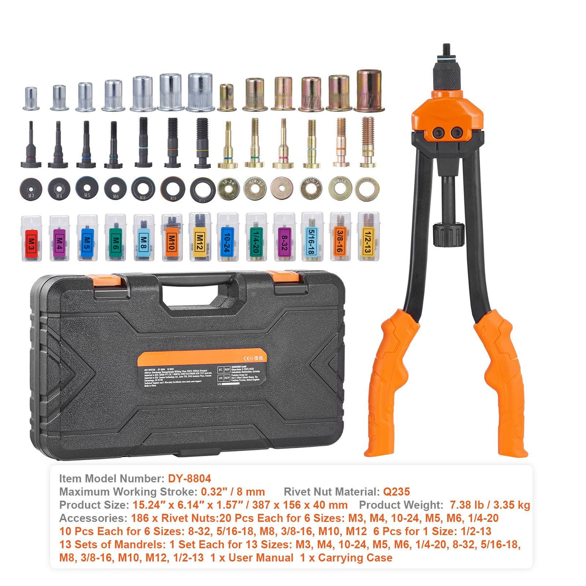 16" Rivet Nut Tool, Labor-Saving Rivnut Tool Kit with 13PCS Metric & SAE Mandrels, 186PCS Rivet Nuts,M3, M4, M5, M6, M8, M10, M12, 1/4-20, 5/16-18, 3/8-16,1/2-13, 8-32, 10-24 With Carrying Case