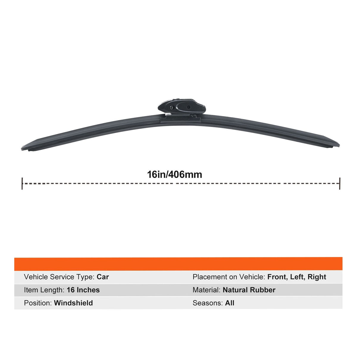 16" Rubber Wiper Blades, 40 cm Universal Replacement Wind Shield Wiper, Low Noise & Better Fit, with 4 Different Clips for most Car, Easy Installation