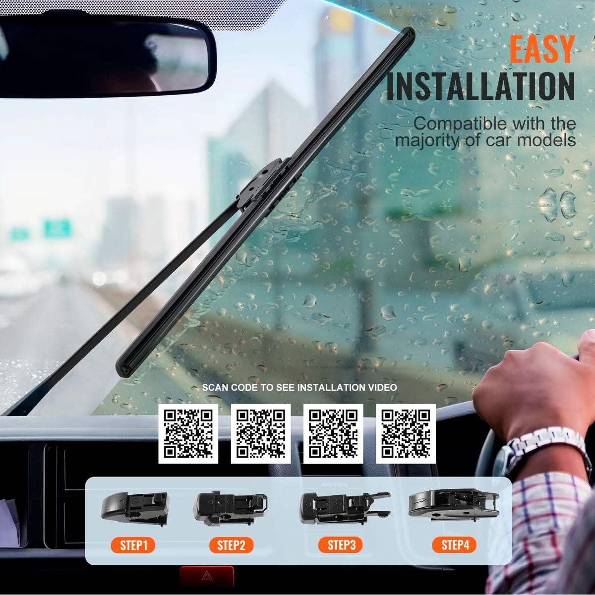 16" Rubber Wiper Blades, 40 cm Universal Replacement Wind Shield Wiper, Low Noise & Better Fit, with 4 Different Clips for most Car, Easy Installation