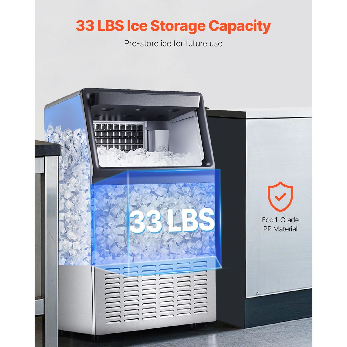 160lbs/24H Commercial Ice Maker, 55 Ice Cubes in 15 Minutes, Freestanding Ice Maker Machine with 33lbs Large Storage Capacity for Bar Office Restaurant, with LED Digital Display & Self-Cleaning