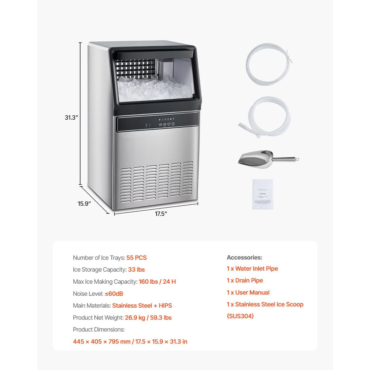 160lbs/24H Commercial Ice Maker, 55 Ice Cubes in 15 Minutes, Freestanding Ice Maker Machine with 33lbs Large Storage Capacity for Bar Office Restaurant, with LED Digital Display & Self-Cleaning