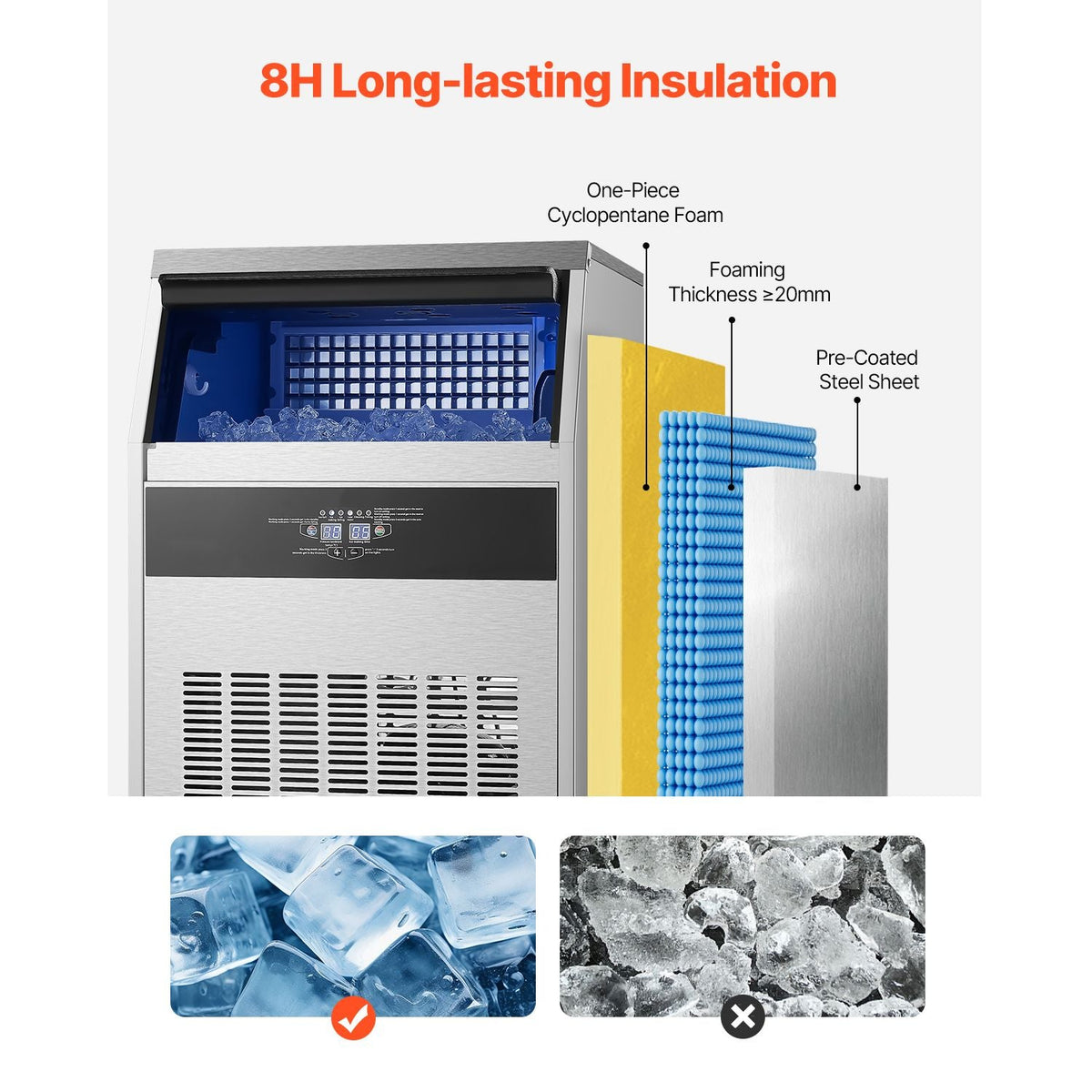 160lbs/24H Commercial Ice Maker Machine, 66lbs Storage Capacity Ice Maker with Drain Pump, 80 Ice Cubes in 15 Minutes, LED Digital Display Freestanding Self-Cleaning for Bar Office Restaurant