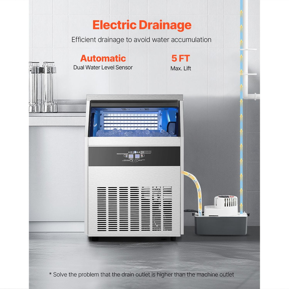 160lbs/24H Commercial Ice Maker Machine, 66lbs Storage Capacity Ice Maker with Drain Pump, 80 Ice Cubes in 15 Minutes, LED Digital Display Freestanding Self-Cleaning for Bar Office Restaurant