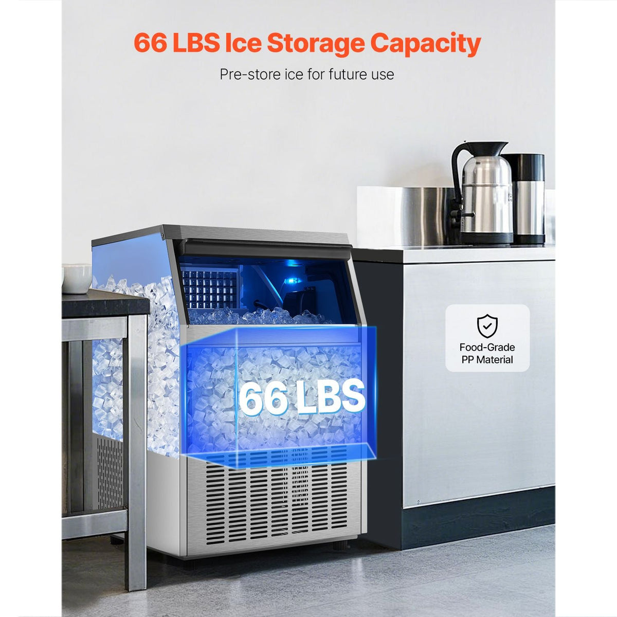 160lbs/24H Commercial Ice Maker Machine, 66lbs Storage Capacity Ice Maker with Drain Pump, 80 Ice Cubes in 15 Minutes, LED Digital Display Freestanding Self-Cleaning for Bar Office Restaurant