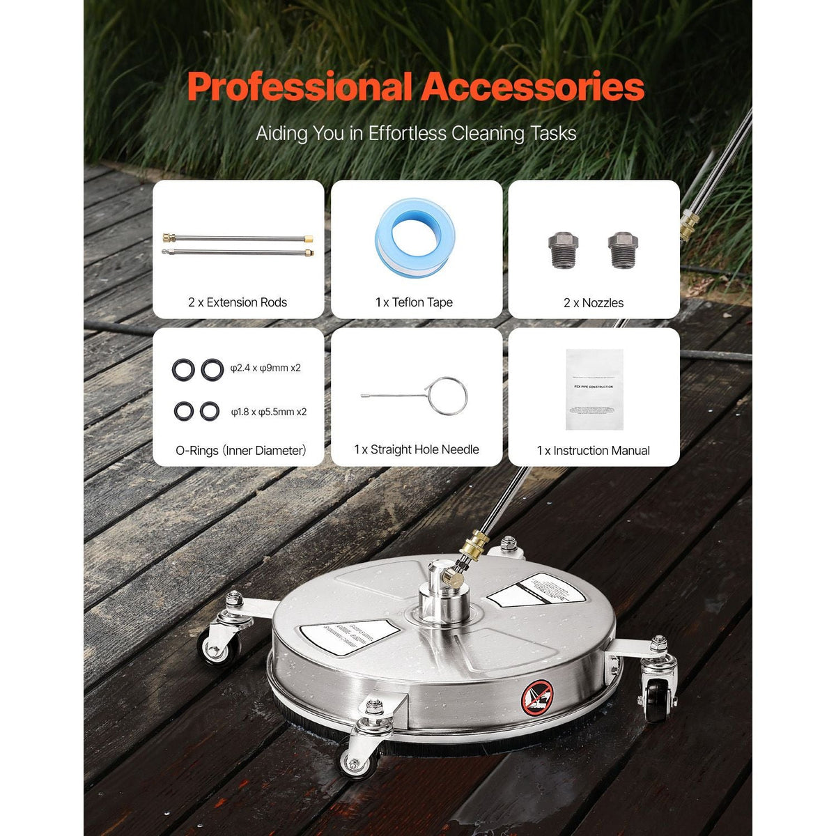 16.5" Pressure Washer Surface Cleaner, Stainless Steel Pressure Washer Attachments with 4 Wheels, 4000 Max PSI, 1/4 Quick Connector, 2 Spray Nozzles, 2 Extended Wands for Concrete, Patio, Deck