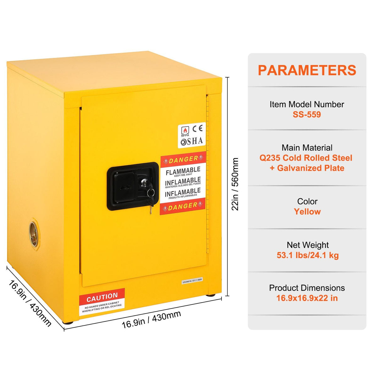 16.9" x 16.9" x 22" Flammable Cabinet Galvanized Steel, Safety Cabinet, Adjustable Shelf Flammable Storage Cabinet, for Commercial Industrial and Home Use