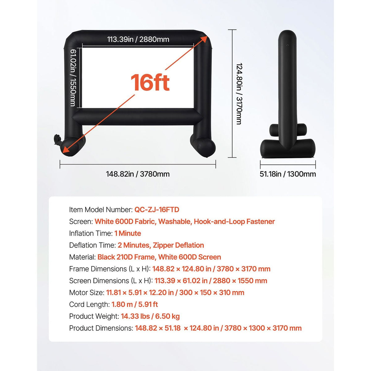 16FT Inflatable Movie Screen, Inflatable Projector Screen with Portable Storage Bag, 16:9 Easy Set Up Movie Projection for Outdoor Backyard, Home Theater, Theme Party