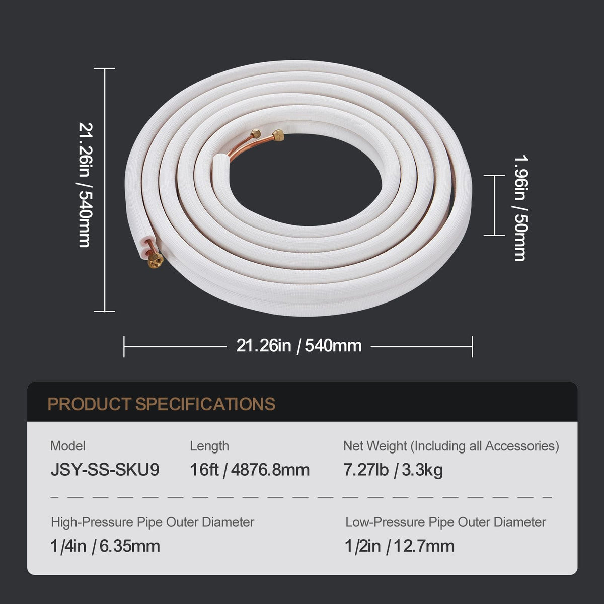 16FT Mini Split Line Set, 1/4" & 1/2" O.D Copper Pipes Tubing and Triple-Layer Insulation, for Air Conditioning or Heating Pump Equipment & HVAC with Rich Accessories (18ft Connection Cable)