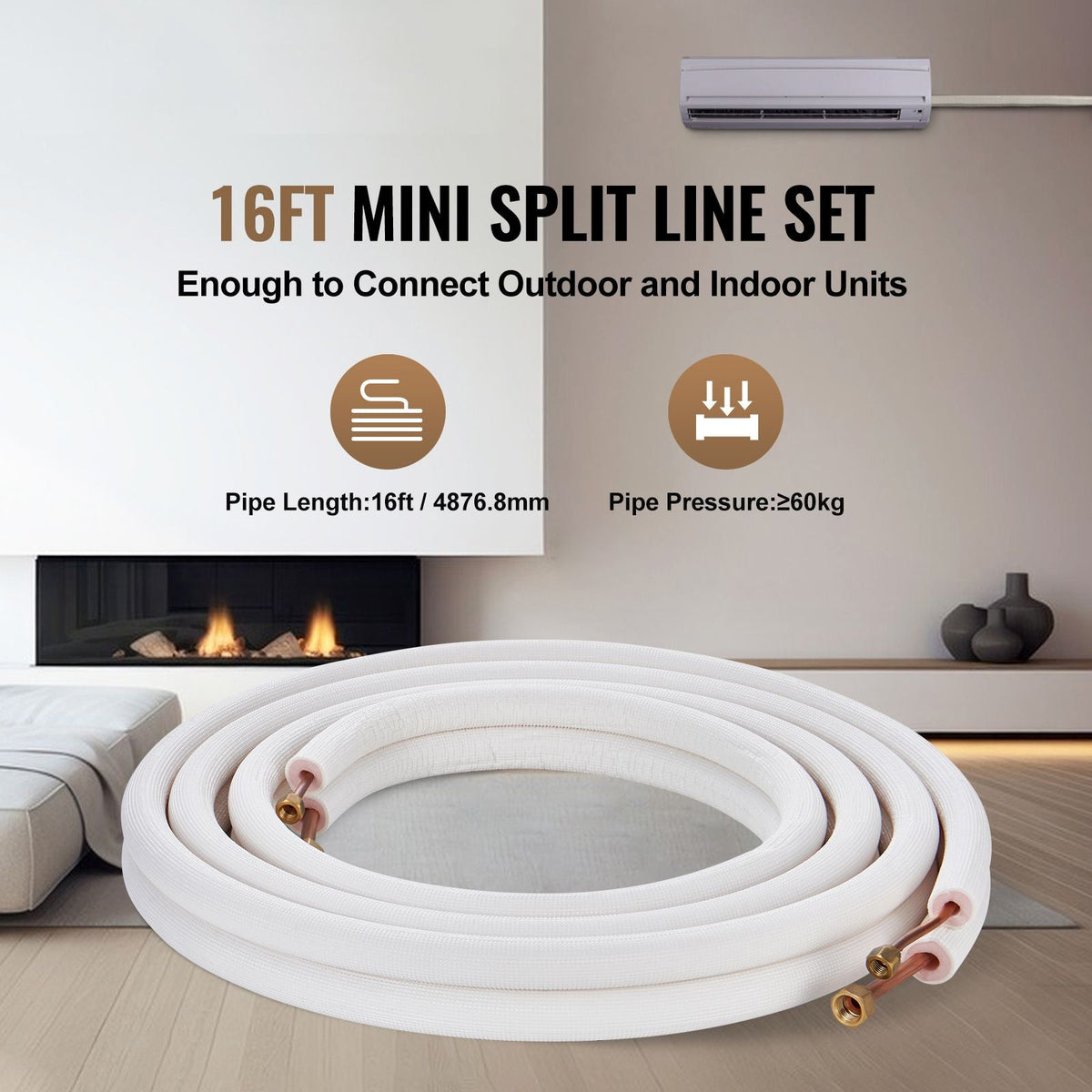 16FT Mini Split Line Set, 1/4" & 3/8" O.D Copper Pipes Tubing and Triple-Layer Insulation, for Air Conditioning or Heating Pump Equipment & HVAC with Rich Accessories (18ft Connection Cable)