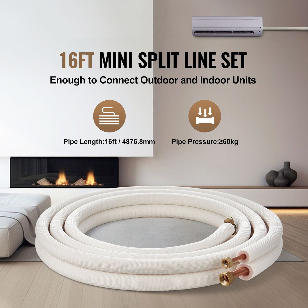 16FT Mini Split Line Set, 3/8" & 5/8" O.D Copper Pipes Tubing and Triple-Layer Insulation, for Air Conditioning or Heating Pump Equipment & HVAC with Rich Accessories (18ft Connection Cable)