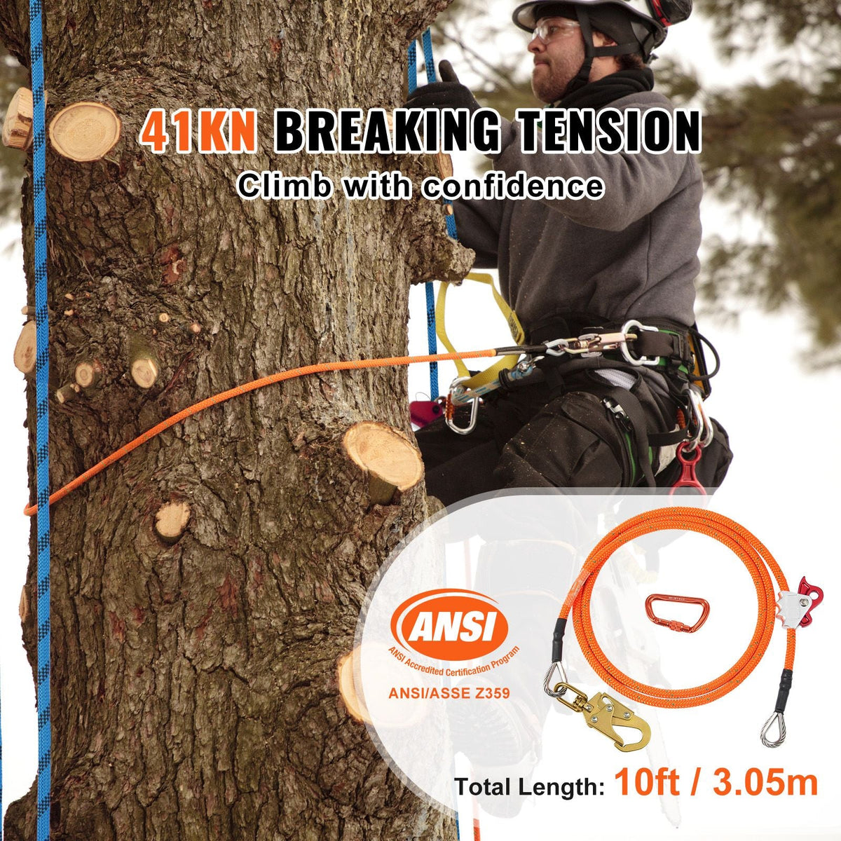 16mm Steel Core Flipline, 10ft(3m) Arborist Flipline, Flip Line for Tree Climbing with Alloy Steel Snap Hook & Aluminum Alloy Carabiner, 30KN Breaking Tension for Fall Protection, Tree Climber